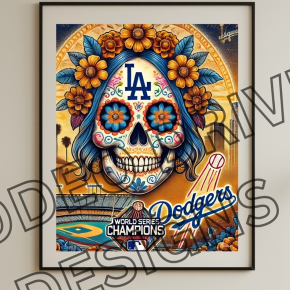 LOS ANGELES DODGERS DAY OF THE DEAD PRINT 20X16 DODGERS WORLD SERIES PRINT - Picture 1 of 2